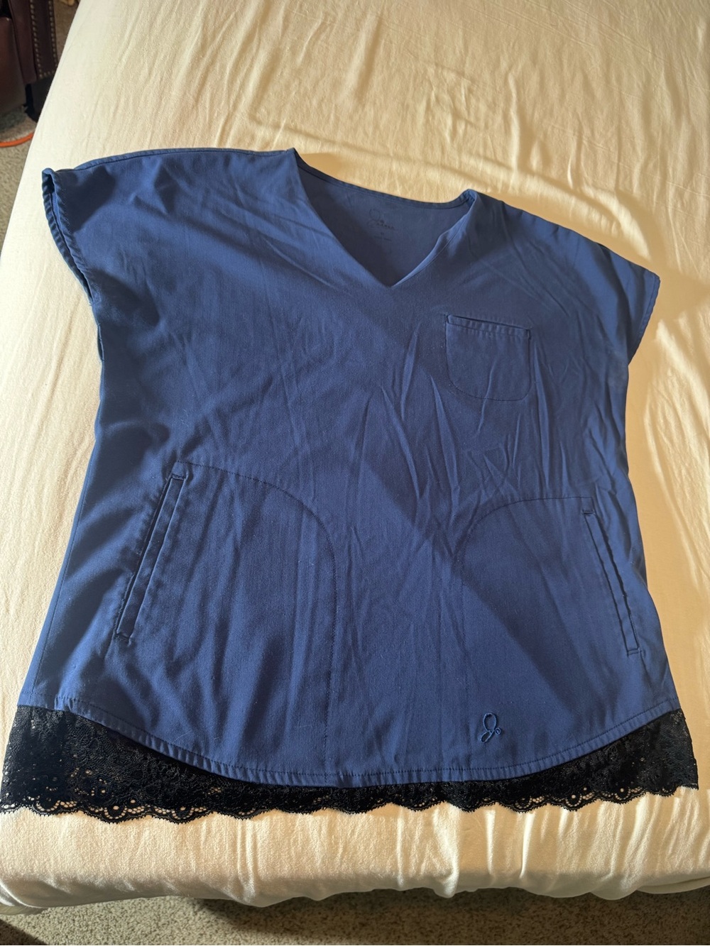 Jaanuu Navy Blue V-Neck Scrub Top with Lace Hem